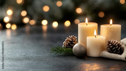 Festive holiday arrangement with three glowing candles, fir sprig and pine cones against a dark background, warm bokeh lights creating a cozy Christmas atmosphere