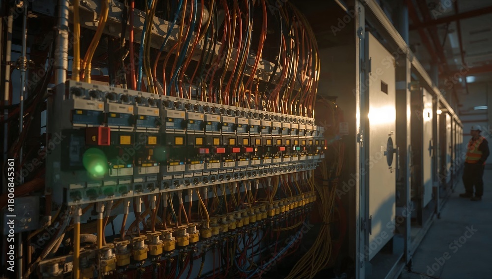 Obraz premium a detailed view of an industrial control panel with numerous wires and circuits