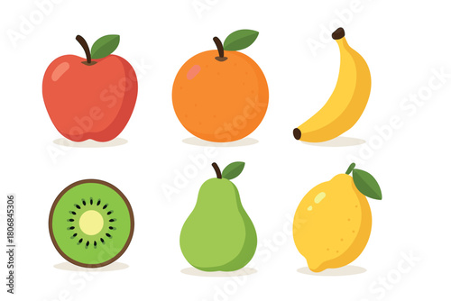 Fresh fruit selection apples, oranges, bananas, pears, lemons, kiwi. Set of 6 vector illustration