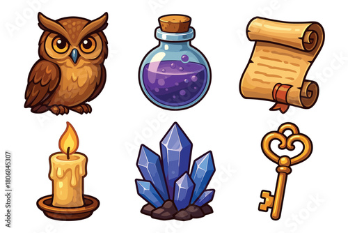 Vintage magical artifacts with an owl potion and scroll elements. Set of 6 vector illustration