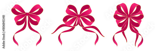 Elegant pink ribbon bows set with flowing long tails, festive decorative elements for gifts, celebrations and crafts, vibrant glossy style trio design for holiday projects. Vector illustration.