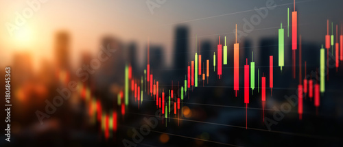 Abstract Blurred Stock Market Chart with Candlesticks. Financial Trading, Investment Analysis, City Skyline Background, Economic and Stock Market News Background. Panoramic bg
