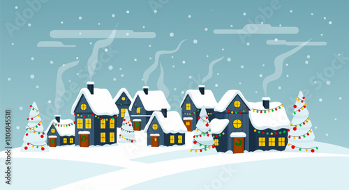 Cozy winter village scene with snow-covered houses, Christmas lights, and festive trees, creating a charming holiday atmosphere