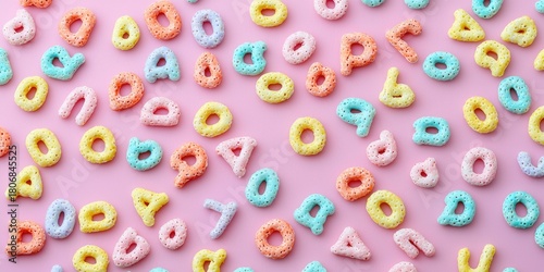 A colorful arrangement of alphabet-shaped cereal on a pink background.