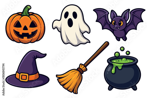 Colorful Halloween themed elements for festive celebration design. Set of 6 vector illustration