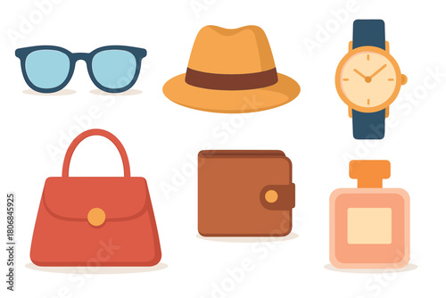 Fashion accessories for summer outings and casual occasions. Set of 6 vector illustration