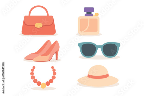 Fashion accessories for a chic summer outing. Set of 6 vector illustration