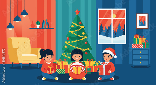 Happy kids opening Christmas presents under the tree in a cozy living room, a festive holiday vector illustration for the winter season c