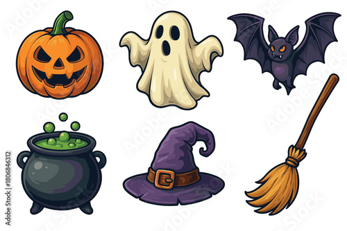 Halloween with pumpkin, ghost, bat, cauldron, and witch hat. Set of 6 vector illustration