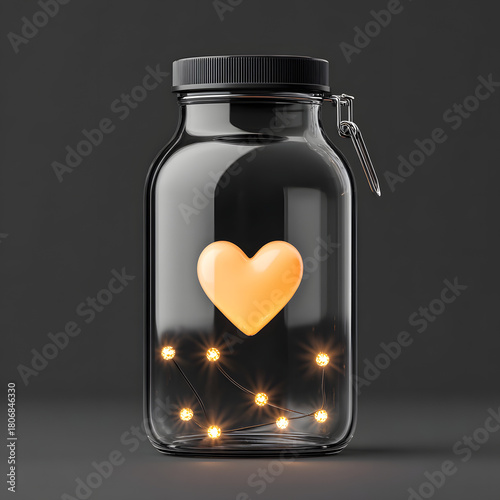 Glowing Black Heart Inside a Transparent Glass Jar – Minimal 3D Render