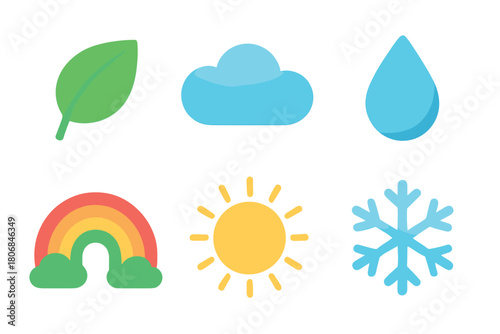 Weather icons representing nature and seasons in vibrant colors. Set of 6 vector illustration