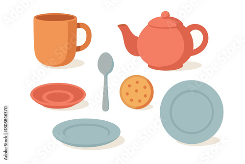 Tea time setup with colorful teapot, cup, and plates for gathering. Set of 6 vector illustration