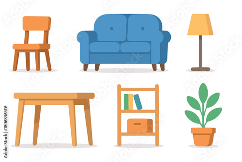 Cozy living room furniture set for modern interior design. Set of 6 vector illustration