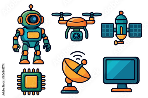 Collection of modern tech and robotics gadgets. Set of 6 vector illustration
