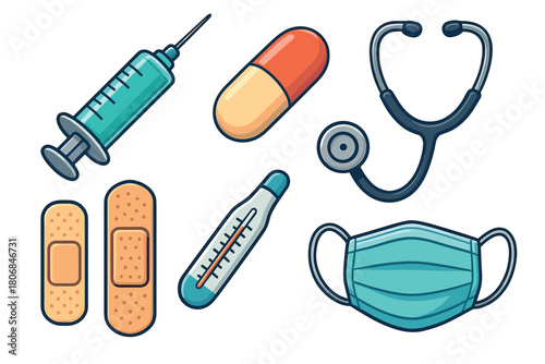 Medical tools and supplies for health and wellness practices. Set of 6 vector illustration