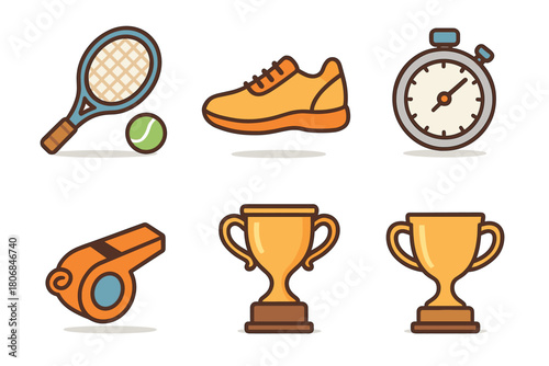 Tennis equipment and awards for competitive sports training. Set of 6 vector illustration