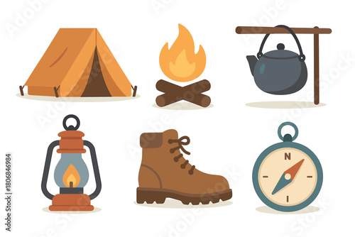 Camping gear essentials for outdoor adventure preparation. Set of 6 vector illustration