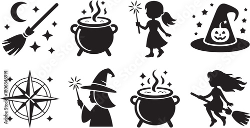 Halloween witch and magic themed icons isolated on white background for spooky season fun