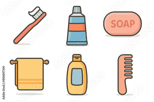 Daily hygiene essentials collection for personal care routines. Set of 6 vector illustration