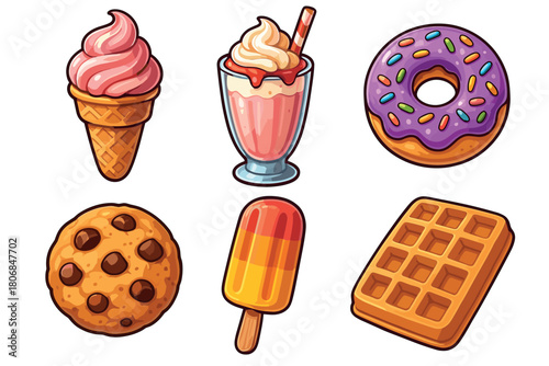Sweet treats assortment for dessert lovers and summer parties. Set of 6 vector illustration