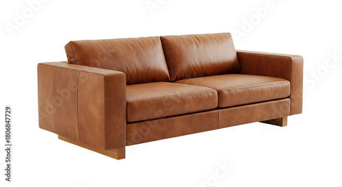 Modern brown leather sofa isolated on transparent background, perfect for living room