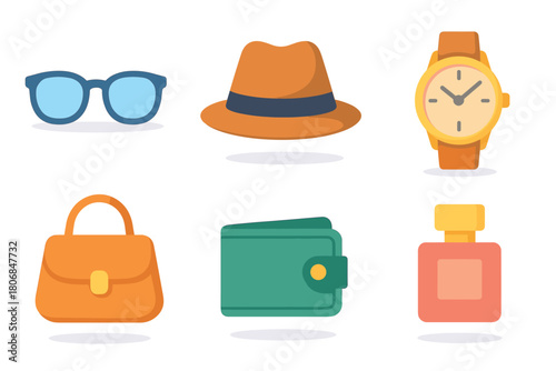 Summer accessories sunglasses, hat, watch, handbag, wallet, perfume. Set of 6 vector illustration