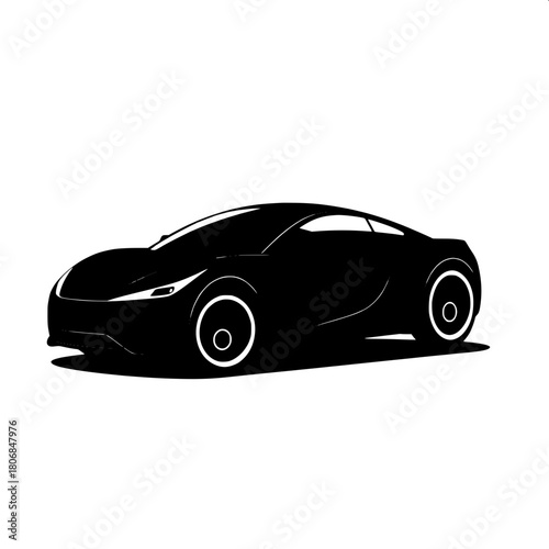 “Black futuristic coupe illustrated in minimalist vector format, centered composition, angled forward as if accelerating, white outline highlights, stylized wheels with concentric shapes, simple shado