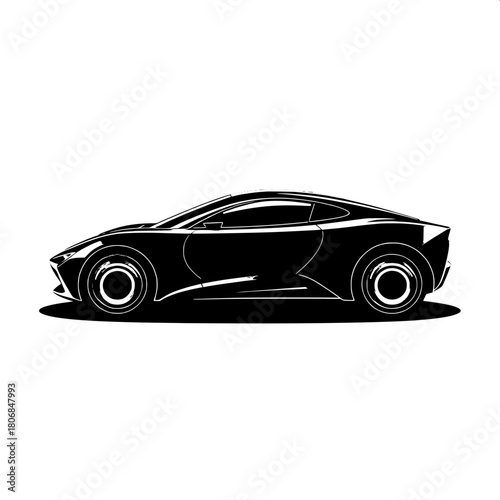 “Black futuristic coupe illustrated in minimalist vector format, centered composition, angled forward as if accelerating, white outline highlights, stylized wheels with concentric shapes, simple shado