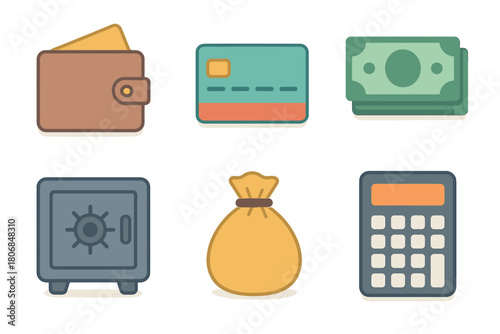 Financial tools for budgeting and saving money at home. Set of 6 vector illustration