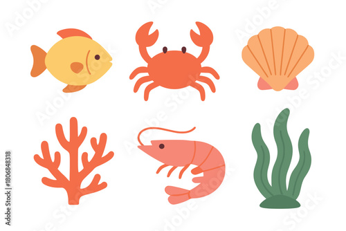 Colorful marine life collection for educational purposes and decor. Set of 6 vector illustration