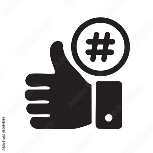 A black and white graphic depicts a hand giving a thumbs up with a hashtag symbol above it