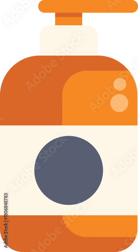 Orange plastic bottle with pump dispenser containing cosmetics, shower gel or liquid soap