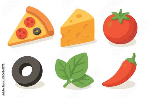 Colorful food items including pizza, cheese, tomato, and spices. Set of 6 vector illustration