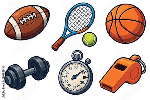 Sports equipment collection for fitness and training activities. Set of 6 vector illustration