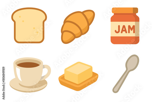 Breakfast essentials with bread, croissant, jam, coffee, and butter. Set of 6 vector illustration