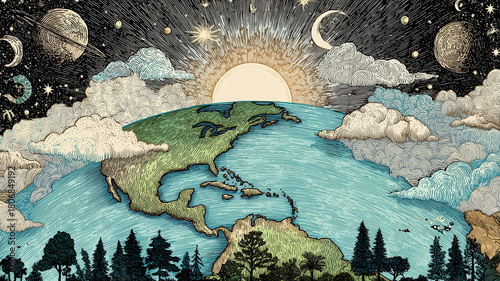 地球から昇る太陽を表現した木版画風のイラスト