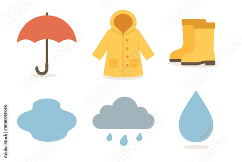 Rainy day essentials for staying dry and comfortable outdoors. Set of 6 vector illustration