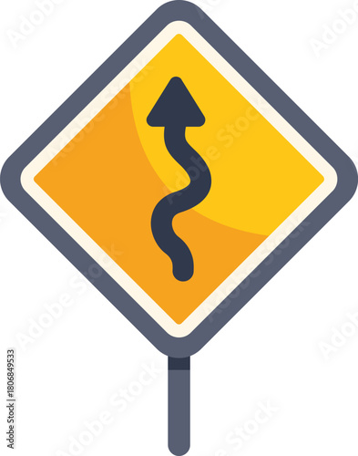 Yellow traffic sign with a black arrow winding, indicating curves ahead on the road