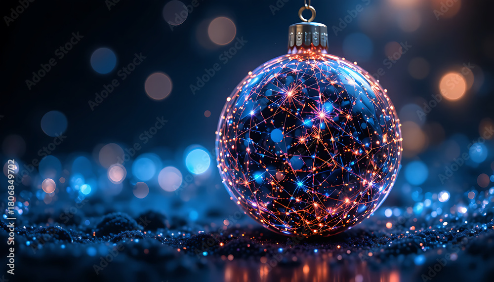 Obraz premium Decorative Christmas Ornament Sphere with Illuminated Network Pattern in Festive Blue and Gold Lights