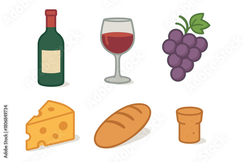 Wine and cheese pairing with grapes and bread for a delightful evening. Set of 6 vector illustration
