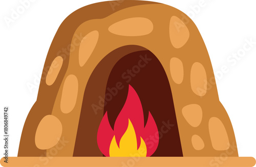 Bonfire burning inside a stone age cave entrance, providing warmth and light in prehistoric times