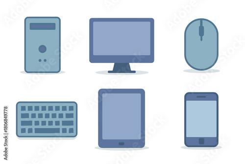 Essential computer accessories for modern workstations and devices. Set of 6 vector illustration