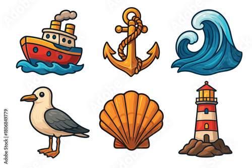 Nautical theme designs for summer adventures and beach activities. Set of 6 vector illustration
