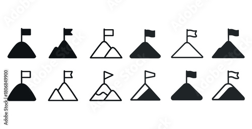 Set of simple mountain and flag icons in black and white vector