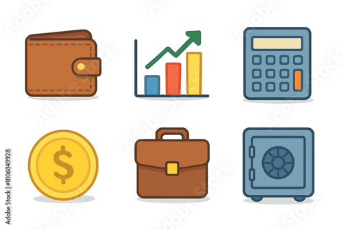 Financial tools and symbols for budgeting and investment planning. Set of 6 vector illustration