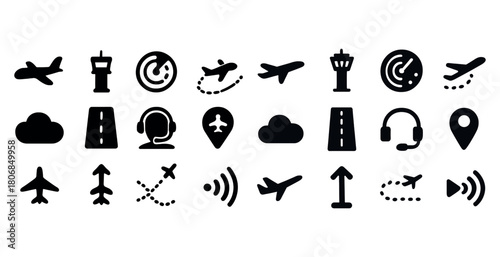 Aviation icons set: airplane, control tower, radar, cloud, heads