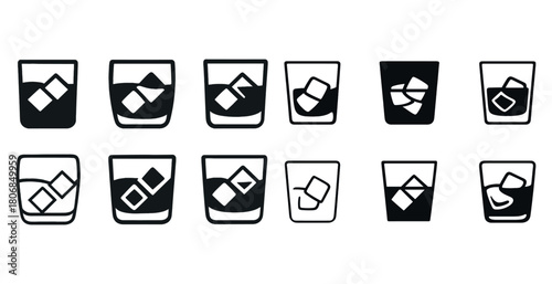 Set of diverse minimalist black and white whiskey glass icons wi