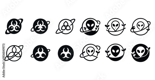 Alien and biohazard symbols set with space themes in black and w