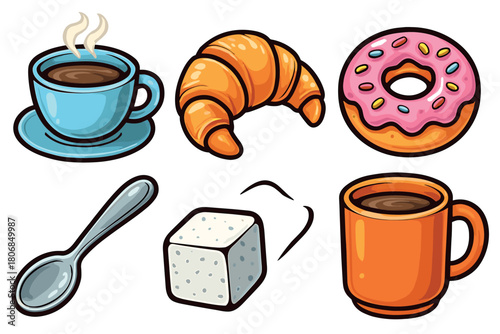Breakfast collection featuring coffee, croissant, and donut treats. Set of 6 vector illustration