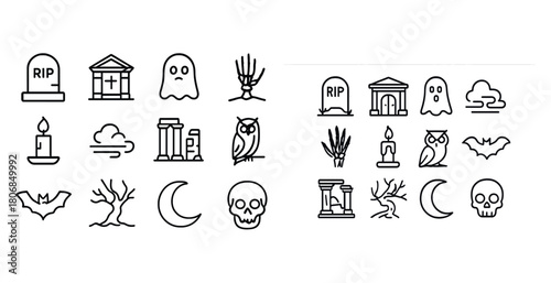Spooky symbols: ghosts, gravestones, and halloween icons in blac